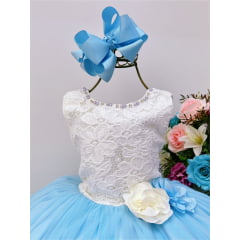 Vestido Infantil Marfim Saia Azul Aplique Flores Pérolas