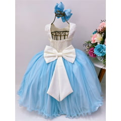 Vestido Infantil Marfim Saia Azul Aplique Flores Pérolas