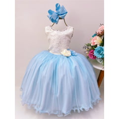 Vestido Infantil Marfim Saia Azul Aplique Flores Pérolas