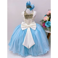 Vestido Infantil Marfim Saia Azul Aplique Flores Pérolas