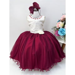 Vestido Infantil Marfim Saia Marsala Aplique Flores Pérolas