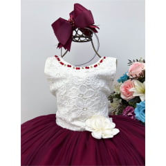 Vestido Infantil Marfim Saia Marsala Aplique Flores Pérolas