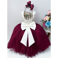 Vestido Infantil Marfim Saia Marsala Aplique Flores Pérolas