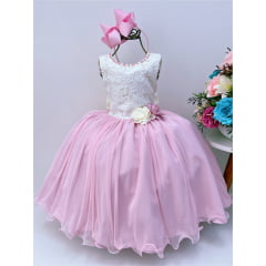 Vestido Infantil Marfim Saia Rosa Aplique Flores Pérolas