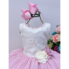 Vestido Infantil Marfim Saia Rosa Aplique Flores Pérolas