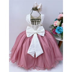 Vestido Infantil Marfim Saia Rose Aplique Flores Pérolas