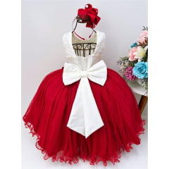 Vestido Infantil Marfim Saia Vermelha Aplique Flores Pérolas