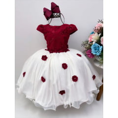 Vestido Infantil Marsala e Off Com Renda e Aplique Flores