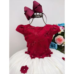 Vestido Infantil Marsala e Off Com Renda e Aplique Flores