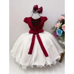 Vestido Infantil Marsala e Off Com Renda e Aplique Flores