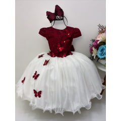 Vestido Infantil Marsala Renda Saia Marfim Borboletas Luxo