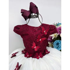 Vestido Infantil Marsala Renda Saia Marfim Borboletas Luxo