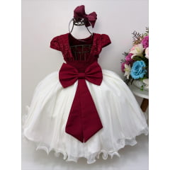 Vestido Infantil Marsala Renda Saia Marfim Borboletas Luxo