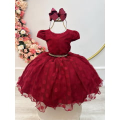 Vestido Infantil Marsala Tule Com Bolinhas Strass e Pérolas