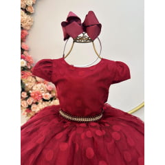 Vestido Infantil Marsala Tule Com Bolinhas Strass e Pérolas