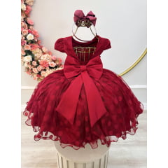 Vestido Infantil Marsala Tule Com Bolinhas Strass e Pérolas