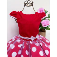 Vestido Infantil Minnie Vermelho Bolas Brancas Cinto Pérolas