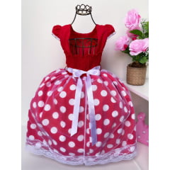 Vestido Infantil Minnie Vermelho Bolas Brancas Cinto Pérolas