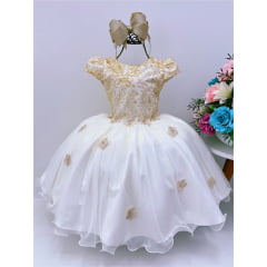 Vestido Infantil Off Aplique Flores Renda Marfim Luxo
