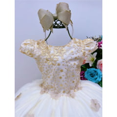 Vestido Infantil Off Aplique Flores Renda Marfim Luxo