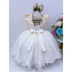 Vestido Infantil Off Aplique Flores Renda Marfim Luxo