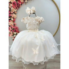 Vestido Infantil Off White C/ Renda Aplique Borboletas Damas