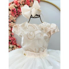 Vestido Infantil Off White C/ Renda Aplique Borboletas Damas