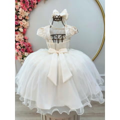 Vestido Infantil Off White C/ Renda Aplique Borboletas Damas