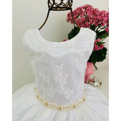 Vestido Infantil Off White Renda Luxo Cinto de Pérolas Damas