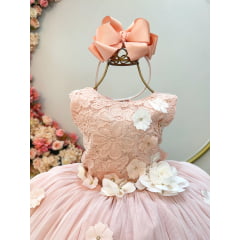 Vestido Infantil Pêssego C/ Renda e Aplique de Flores Damas