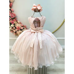 Vestido Infantil Pêssego C/ Renda e Aplique de Flores Damas