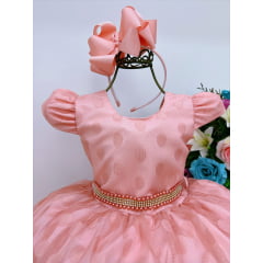 Vestido Infantil Pêssego Tule Com Bolinhas Strass e Pérolas