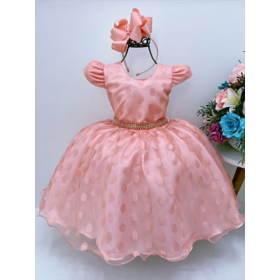 Vestido Infantil Pêssego Tule Com Bolinhas Strass e Pérolas Vestido Infantil Pêssego Tule Com Bolinhas Strass e Pérolas