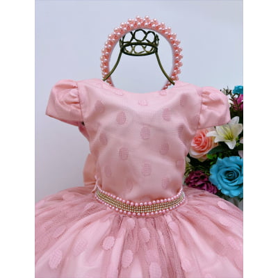 Vestido Infantil Pêssego Tule Com Bolinhas Strass e Pérolas