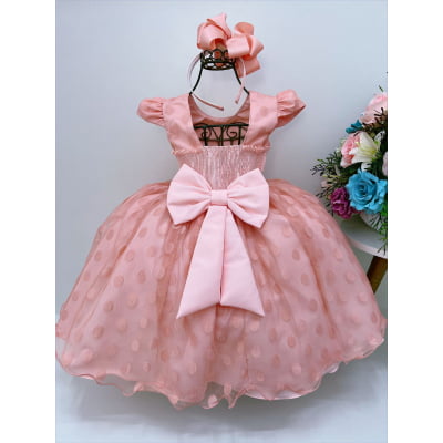 Vestido Infantil Pêssego Tule Com Bolinhas Strass e Pérolas
