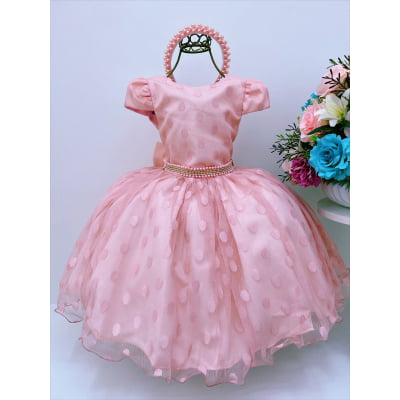 Vestido Infantil Pêssego Tule Com Bolinhas Strass e Pérolas