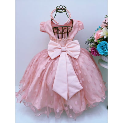 Vestido Infantil Pêssego Tule Com Bolinhas Strass e Pérolas