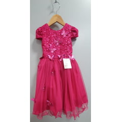 Vestido Infantil Pink C/ Apliques Flores e Borboletas Festas