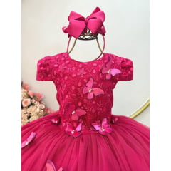 Vestido Infantil Pink C/ Apliques Flores e Borboletas Festas