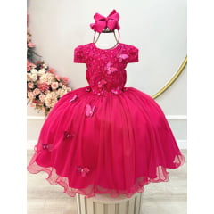 Vestido Infantil Pink C/ Apliques Flores e Borboletas Festas