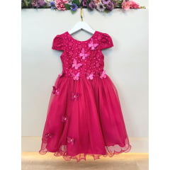 Vestido Infantil Pink C/ Apliques Flores e Borboletas Festas