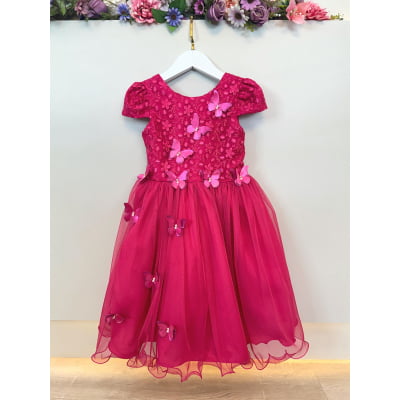 Vestido Infantil Pink C/ Apliques Flores e Borboletas Festas