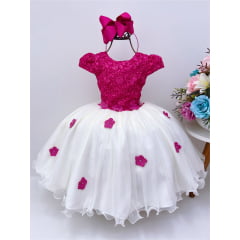 Vestido Infantil Pink e Off Aplique Flores Renda Luxo