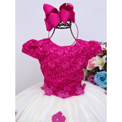 Vestido Infantil Pink e Off Aplique Flores Renda Luxo