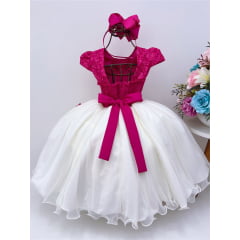Vestido Infantil Pink e Off Aplique Flores Renda Luxo