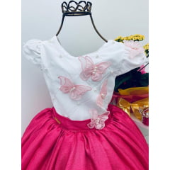 Vestido Infantil Pink e Off White Aplique de Borboletas