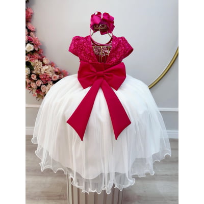 Vestido Infantil Pink Saia Off Busto C/ Renda Casamento Festa