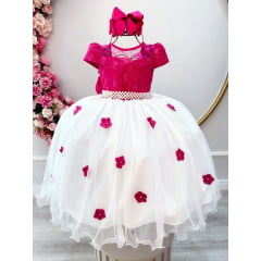Vestido Infantil Pink Saia Off C/ Renda e Aplique Flores