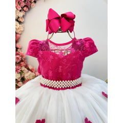 Vestido Infantil Pink Saia Off C/ Renda e Aplique Flores