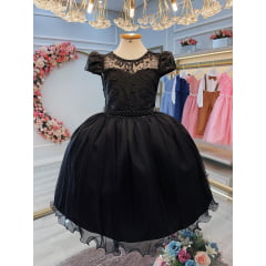 Vestido Infantil Preto C/ Renda e Pérolas Festas Daminhas
